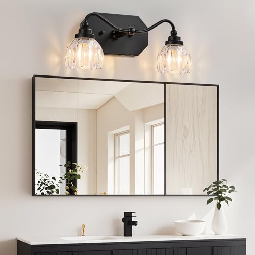 Image of Vintage Bathroom Light Fixtures, 2 Light Bathroom Vanity Light, Black Matte Antique Brass Finish with Crystal Glass Shade, Mid Century Wall Sconces for Bedroom, Living Room, Hallway