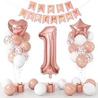 1st Birthday Decorations for Girls, 1st Birthday Balloons, Rose Gold White Balloons with 32 Inch Number 1, Star Heart Foil Balloon, Banner for 1 Year Old Baby Shower Anniversary Party