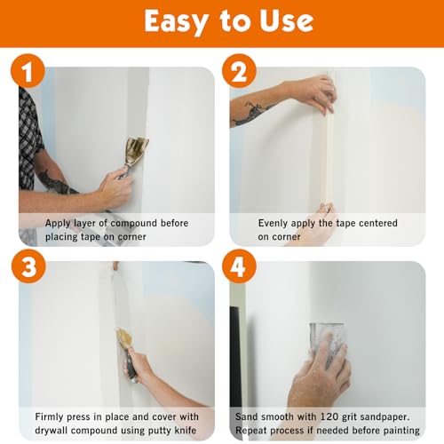 Image of ROLLINGDOG Reinforced Drywall Corner Tape, 2 inch x 98.4' Drywall Tape No Adhesive Side, Inside Outside Corner Bead with Metal for Wall Crack Repair