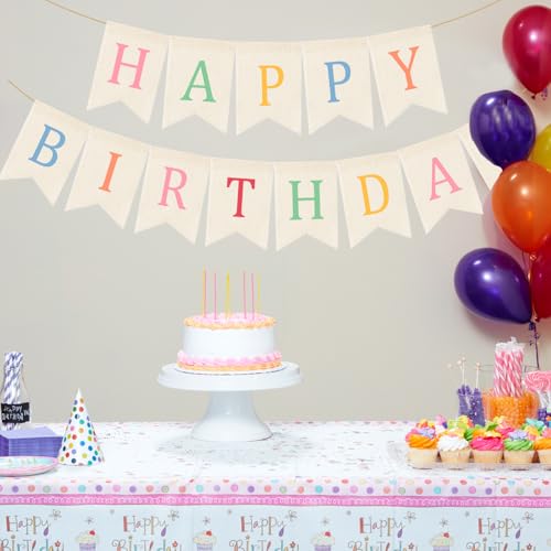 Image of Doumeny Happy Birthday Burlap Banner Boho Birthday Bunting Garland Pastel Bohemian Sign Party Banner White Hanging Garland Rainbow Birthday Bunting Falg for Home Mantel Fireplace Nursery Backdrop