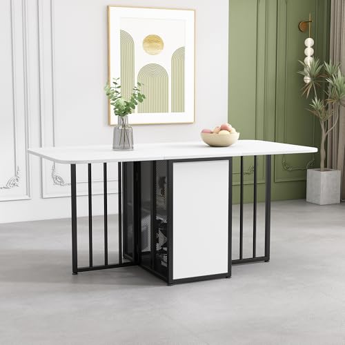Mesa de comedor plegable multifuncional extensible con espacio de almacenamiento y cajones para 4-7 personas, color blanco y negro, ahorra espacio y es resistente, ideal para la cocina y el salón.