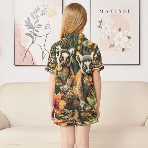Satin Pajama Sets Short Sleeve Tropical Lemurs Floral Backgrounds Button Down Silky Nightwear 2 Piece PJS 5-14Y4