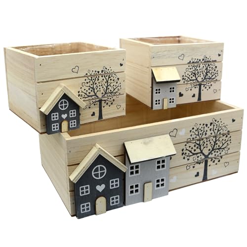 UNUS Juego de 3 cajas de madera, decoración de madera en estilo rústico, 12 x 12 x 9 cm con lámina para plantas, caja de almacenamiento de madera, cajas decorativas como regalo, decoración para balcón