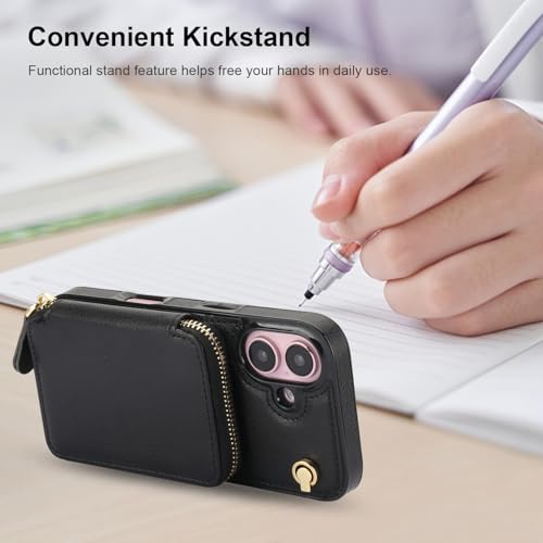 Bocasal Crossbody Wallet Case for iPhone 16, RFID Blocking Leather Purse Case with Card Holder, Protective Handbag Flip Cover with Zipper Wrist Strap Lanyard for Women 5G 6.1 Inch (Black)