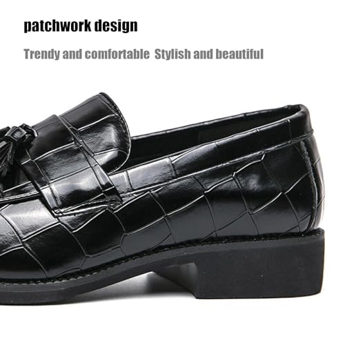 Men's Classic Leather Printed Dress Loafers with Tassel Fashion Round Toe Slip On Comfort Soft Sole Chunky Heel Formal Dress Shoes for Party Wedding Business Work Office3