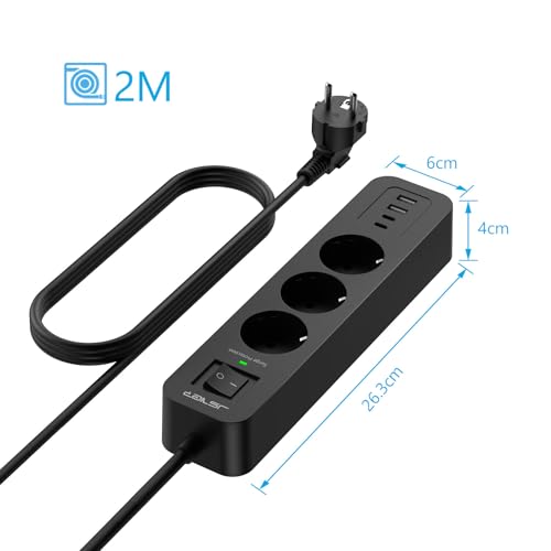 JSVER Mehrfachsteckdose mit USB C, Steckdosenleiste Überspannungsschutz mit 4 USB, Mehrfachstecker Steckdosenturm mit Schalter, Verlängerungskabel 2M für Zuhause-Schwarz 6