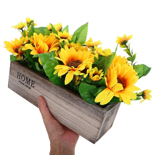 Tournesol artificiel en pot bois rectangulaire pour centre de table