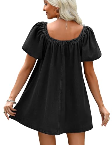 Image of Women Denim Dress Puff Short Sleeve Square Neck Jean Dress 2026 | Two Side Pockets, Babydoll Mini Dress, Stretchy Breathable Fabric, Casual Daily Outfits, Western Counrty Concert Outfits