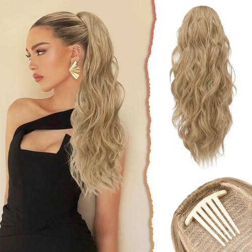 Sofeiyan Extension Queue de Cheval, Postiche Peigne Clip Cheveux avec Cordon 60cm Longue Bouclés Ondulée Queue de Cheval Synthétique Postiches Cheveux pour Femmes - Blond Mélangé Blond Cendré