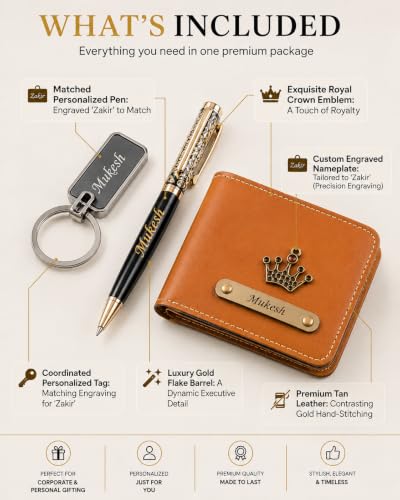 Image of Personalized Name Wallet, Pen & Keychain Combo for Men (TAN) | Customised Mens Wallet Name Engraved with Charm | Customized Corporate Gift Set for Office | Personalised for Husband, Boys