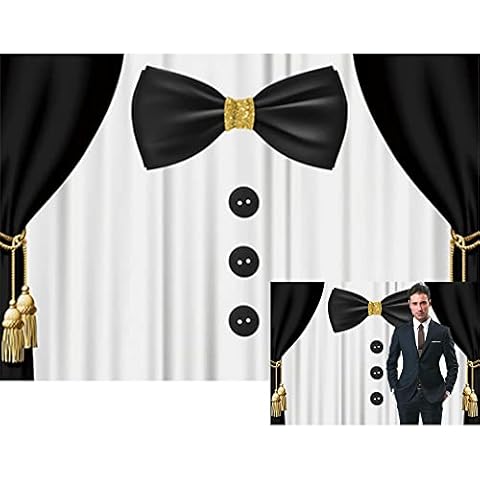 Baocicco 8x6.5ft White and Black Tuxedo Suit Theme Birthday Party Backdrop Black Curtains Tie Buttons Photography Background Gentlemen Baby Shower Birthday Carnival for Little Boy Father Boyfriends Cover