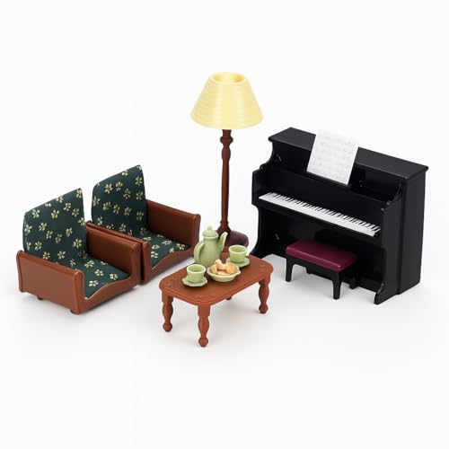 OLEOCA Family Dollhouse Living Room Set — Piano with Bench & Sheet Music, Two Armchairs, Coffee Table, Floor Lamp & Tea Set — Dollhouse Furniture...