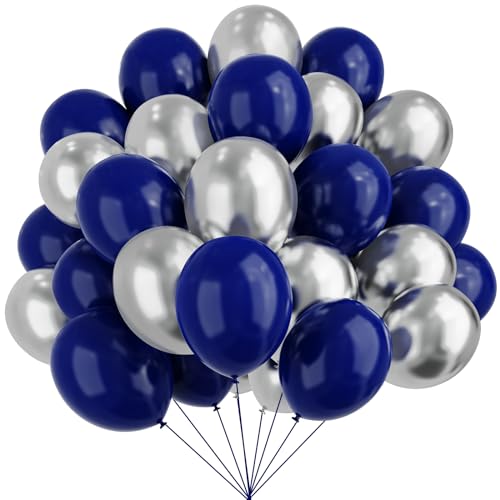 Image of Blue and Silver Balloons, 67pcs 12 Inch Navy Blue and Silver Party Balloons for Birthday, Graduation, Retirement, Anniversary Party Decorations