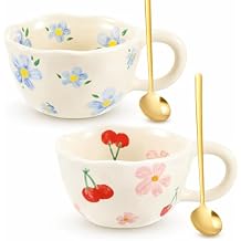 Vesici 2 Pcs Ceramic Coffee Mugs with Spoon, Vintage Floral Spring Mugs with Handle, 8.5 oz Aesthetic Flower Porcelain Tea Cup Set, Dishwasher & Microwave Safe Mothers Day Gifts for MomLovely