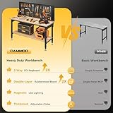 CAMMOO 60' Work Bench Adjustable Height with Storage Shelf, Max Load 2000 LBS Heavy Duty Rubberwood Tabletop with Pegboard, LED Light, Built-in Power Strip for Woodworking Shop, Garage, Home