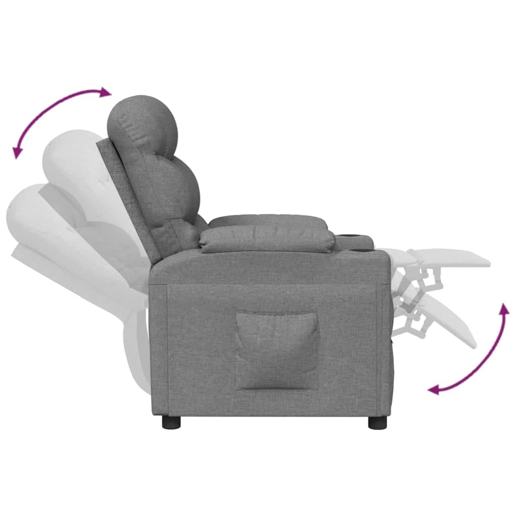 Fotel relaksacyjny, jasnoszary, materiał z ręczną funkcją leżenia, regulowane oparcie i podnóżek, drewniana rama metalowa, ergonomiczny fotel do salonu, biura i kącika do czytania