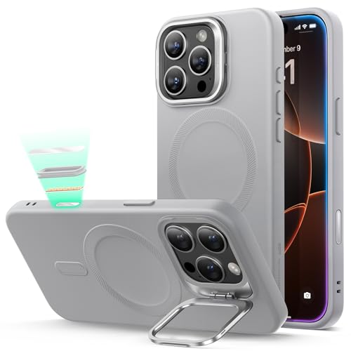 Image of ESR for iPhone 16 Pro Case, Silicone Case with Stand, Compatible with MagSafe, Military-Grade Protection, Built-in Camera Stash Stand, Magnetic Phone Case for iPhone 16 Pro, Cloud Series, Grey