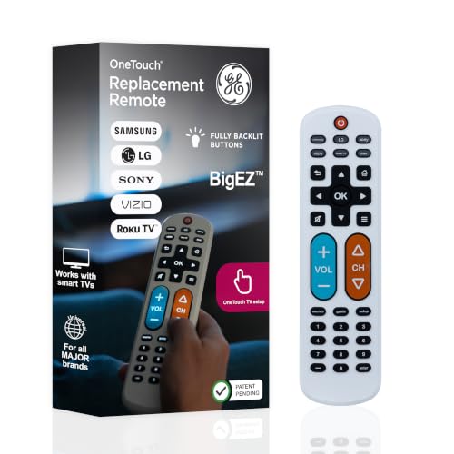 GE BigEZ OneTouch Big Button Universal TV Remote for Seniors, Easy to Use | Replacement Remote for Samsung, LG, Sony, Vizio, Roku TV, Streaming Players, Backlit Buttons, 2 Device, White, 84666