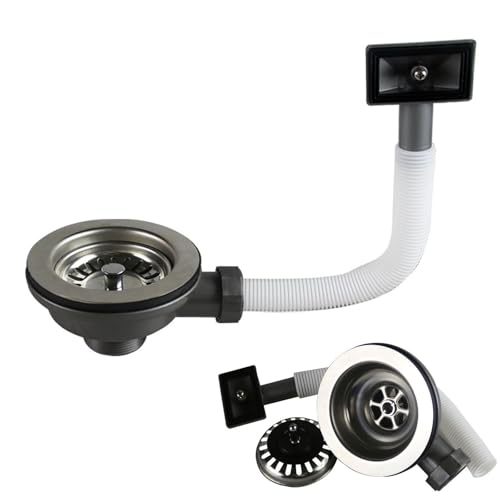 Juego de desagüe para fregadero, válvula de cesta de colador de acero inoxidable con rebosadero, 114 mm, sifón de cocina con rebosadero, juego de desagüe para sifón, adecuado para la filtración del
