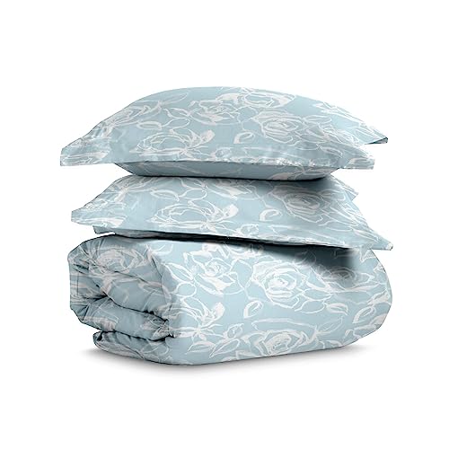 Pizuna Cotton Simply Floral Blue Print Emperor Duvet Cover Set 285x240 400 Thread Count Long Staple Cotton Emperor Quilt Cover Sateen Cooling Duvet Cover with Button Closure (Printed Duvet Cover)