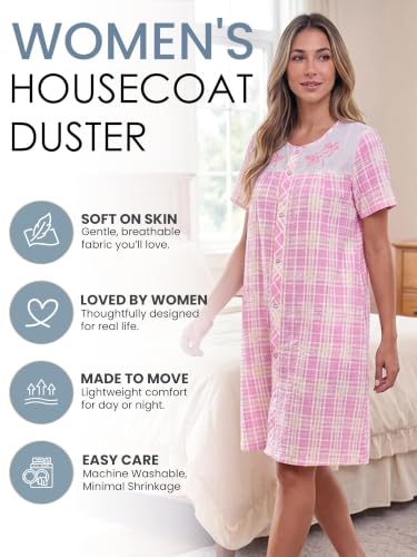 Image of Casual Nights Women's Snap - Front House Dress Short Sleeve Woven Housecoat Duster Lounger Robe with Pockets