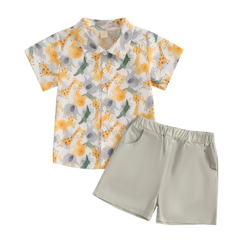 Image of Owl's-Yard Baby Boy Easter Outfits Rabbit Carrot Short Sleeve Button Down Shirts and Solid Color Shorts 2 Pcs Summer Set