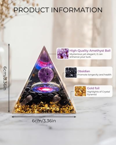 Image of Orgone Pyramid with Healing Crystals - Amethyst & Obsidian Energy Generator for Positive Vibe, Stress Relief & Chakra Reiki Meditation - Pyramid Decor - Spiritual Gift for Success, Wealth & Prosperity
