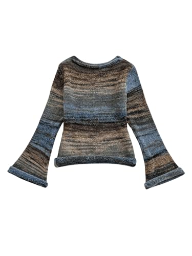 Image of BEAUDRM Women's Colorful Stripe Sweaters Crew Neck Bell Long Sleeve Knitted Pullover Tops Multicolor Small