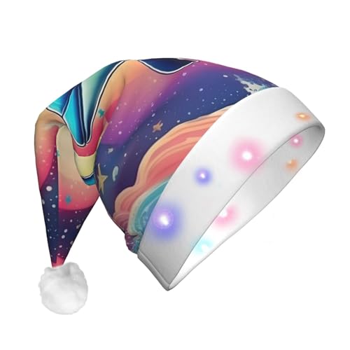 Bkdogkt Colorido cielo estrellado océano delfín estampado hombres mujeres sombrero de Navidad con luces día festivo Halloween gorro de Navidad suministros de fiesta