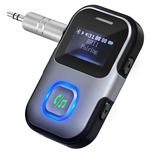 LENCENT Ricevitore Bluetooth 5.0 con Schermo LCD, Aux Adattatore Bluetooth Auto Audio Jack 3.5 mm per Stereo/Altoparlante/Cuffie Cablate, Chiamate in Vivavoce, Connessione Doppia, Ricevitore Musicale