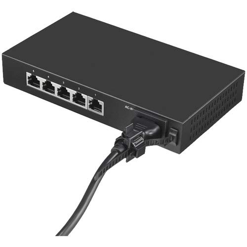 Angled rear view of the BUFFALO BS-GU2105 switch with the power cord connected to the AC-IN port and secured by the AC cable prevention band.