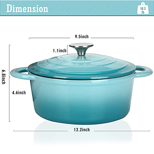 Cast Iron Dutch Oven 4.5 Quart Enameled Cast Iron Dutch Oven Pot With Lid Heavy Duty Dutch Oven Dual Handles Porcelain Enameled Cast Iron Pot For Baking Braiser Cooking Father's Day Or Friends Gifts,Aqua #TOP2