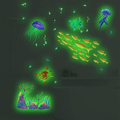 Glow In The Dark Sea Wall Decals, Esluker.ly Ocean Theme Fluorescent Stickers Luminous Fish Turtle Jellyfish Wall Decor Underwater Sea World Wall Art For Kids Bedroom Nursery Decoration (Coral) #TOP7