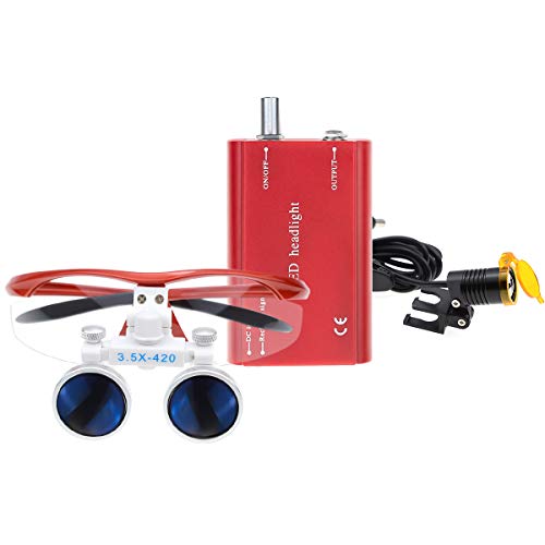 TEPTOARCH 3.5X 420mm Working Distance Optical Glass Loupes and 3W Head Light Lamp with Filter Cloth Bag (Red)