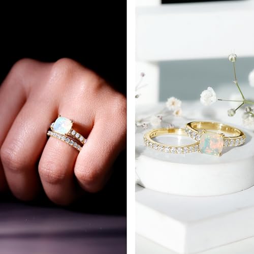 Certified Opal Wedding Ring Set, AAA Quality, Natural 8mm Cushion Cut Opal Engagement Ring with Moissanite Enhancer2