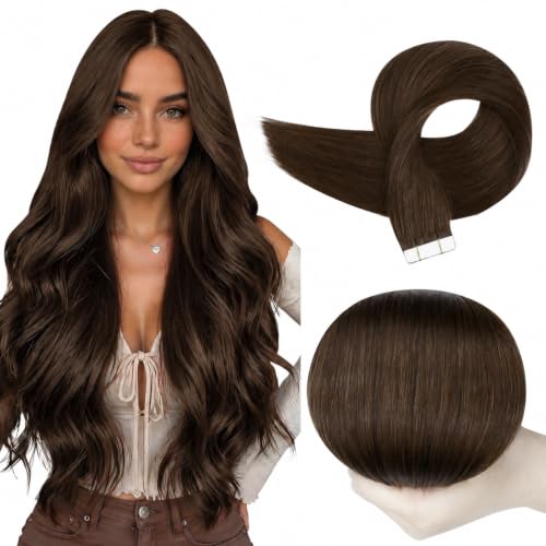 Full Shine Tape In Hair Extensions Human Hair, Dark Chestnut 20 Inch