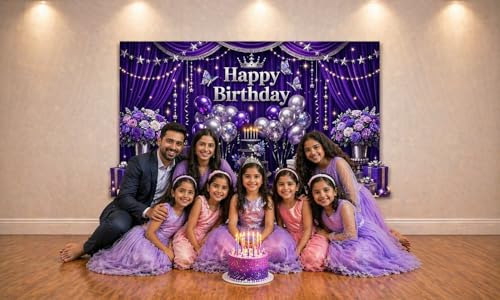 Image of Royal Purple Birthday Backdrop Cloth 5x3 ft - Crown Theme Fabric Banner with Balloons, Cake & Gift Design, Reusable Decoration for Party & Photoshoot