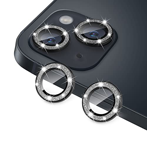 Hsefo for iPhone 13 Mini & iPhone 13 Camera Lens Protector Bling Glitter 9H Tempered Glass Camera Cover Anti Scratch Shockproof Screen Protector Individual Ring - 2Pcs Glitter Black