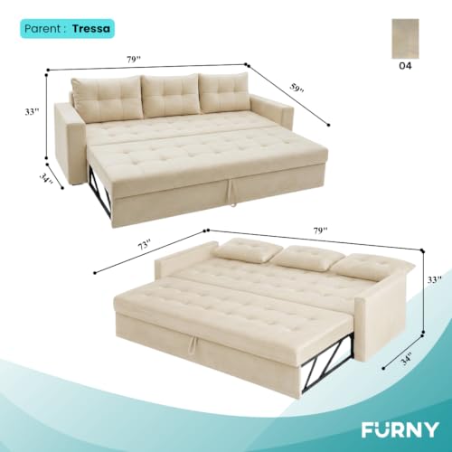 Image of FURNY Tressa 3 Seater Fabric Pull-Out Sofa Cum Bed Function (Cream) | Luxury Velvet Suede Finish | Durable Comfort Sofa Bed for Modern Living Room & Office Spaces