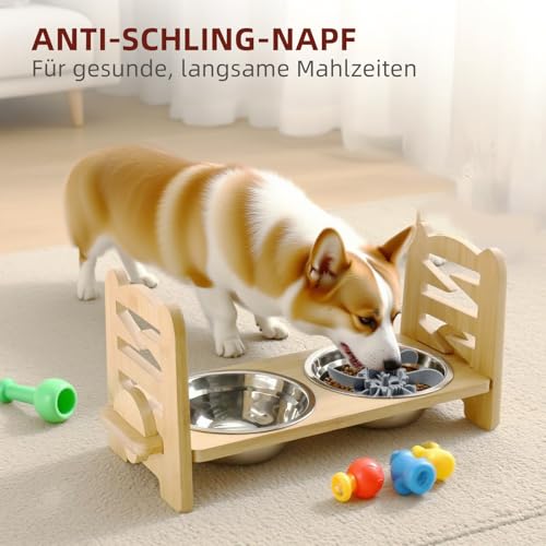 DOKKOME Hundenapf Höhenverstellbar Futternapf Erhöht Hundebars für Hunde mit Bambus Ständer für kleine Hunde und Katzen Futterstation rutschfest Edelstahlnäpfe Gelenkschonend