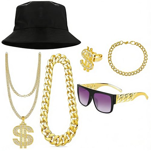 Déguisement hip hop années 80 90 avec collier et bague dorés pour soirée rétro style rappeur vintage
