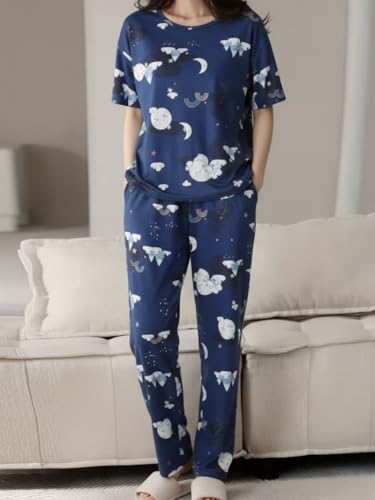 Image of Women's Korean Style Night Suit Set | Cotton Half Sleeve Top & Pyjama Set | Round Neck Printed Nightsuit | Comfortable Nightwear & Loungewear for Women | Sleepwear Pjs Lounge Set |Co-ords Outfit