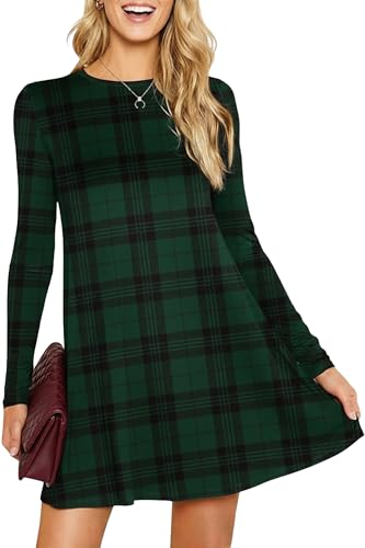 Re Tech UK - Damen Kleid - ausgestellte A-Linie - langärmlig - Midi-Länge - Flaschengrünes Tartanmuster - 46