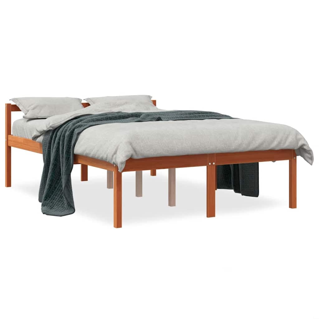 Massives Kiefernholz Seniorengerecht 140x190 cm Braun | Seniorenbett Wachsbraun 140x190 cm Massivholz Kiefer Hohes Bett mit Stauraum und Komfort Kopfteil