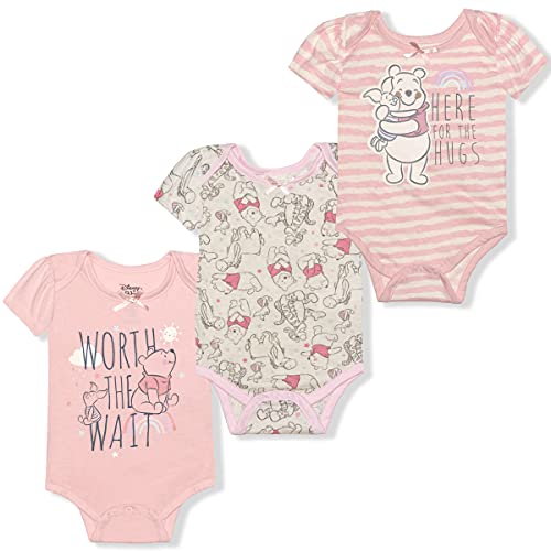 Image of Disney Girls’ Dumbo, Princess Or Winnie The Pooh 3 Pack Bodysuit for Newborn – Pink/Grey or Pink/Green/Grey or Pink/Beige