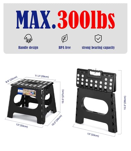 Image of ACKO Folding Step Stool, 11 Inch Non-Slip Foldable Step Stools up to 300lbs for Kids and Adults, Portable Lightweight Collapsible Stool with Handle, for Kitchen Bathroom Black, 1 Pack