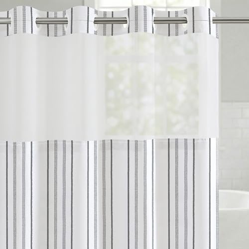 Americanflat 72x75 Hookless Shower Curtain - Water-Resistant Cottage Stripe Shower Curtain with Sheer Panel, Snap-in Liner, and Durable Grommets - 100% Polyester - Black, Grey and White