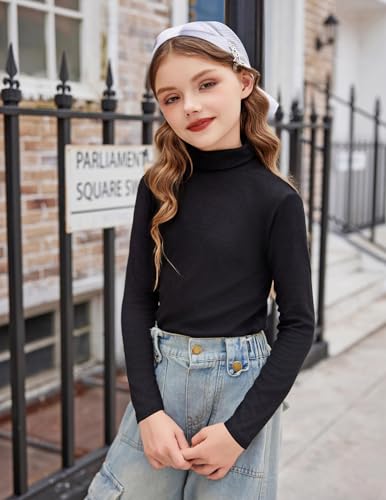 Arshiner Mädchen Langarmshirt Rollkragen Weiches Schule Unterziehshirt für Kinder Einfarbiges Dünnes Basic Oberteil für Herbst Winter Hautfreundlich Leicht Tops Schwarz T-Shirt 6-7 Jahre