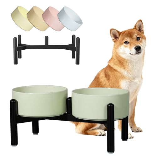 Keramik Hundenapf Erhöht mit Edelstahl-Ständer - Stylisch Doppelnapf Futterstation für Kleine und Mittelgroße Hunde - rutschfest Hund Napf Set für Futter und Wasser - 350g / 600ml - 15cm - Gruen