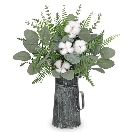 Hollyone Artificial Eucalyptus Plant in Rustic Metal Vase 18" Fake